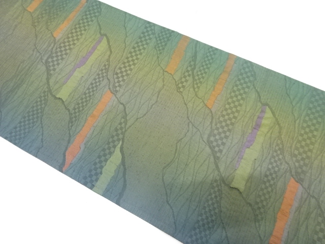 JAPANESE KIMONO FUKURO OBI / SILK / WOVEN MIST & STRIPE & CHECKERED